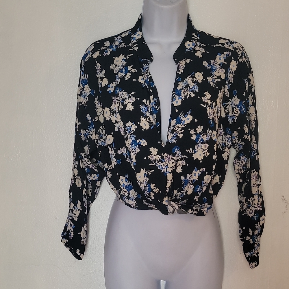 Zara Black 3/4 Sleeve Tie Front Blouse